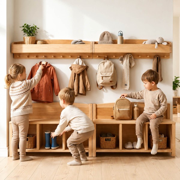 Kinder spielen und lernen selbstständig an Montessori Holz-Garderobe im warmen skandinavischen Kinderzimmer